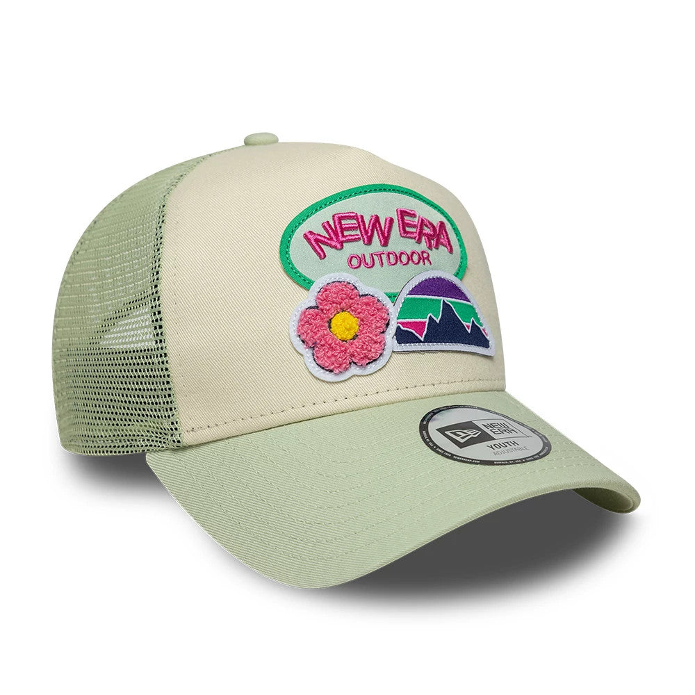 Youth New Era Outdoor Pastel Green 9FORTY A-Frame Trucker Adjustable Cap, front view showing the multicoloured embroidered patch with New Era Outdoor text, a flower, and a mountain design, with a 9FORTY size sticker on the pastel green visor.