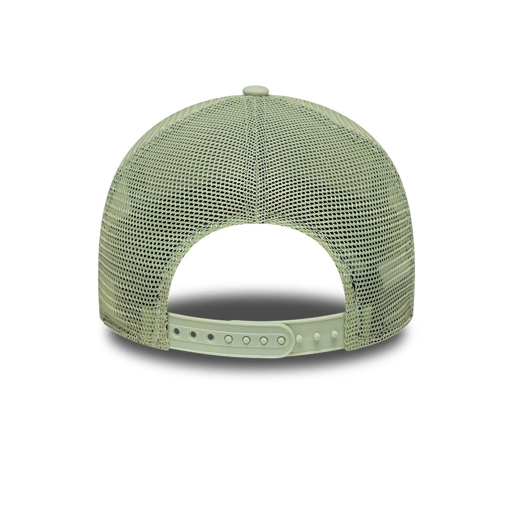 Youth New Era Outdoor Pastel Green 9FORTY A-Frame Trucker Adjustable Cap, rear view showing the adjustable plastic snap closure in pastel green and an open mesh back panel design, with a matching top button on the structured crown.