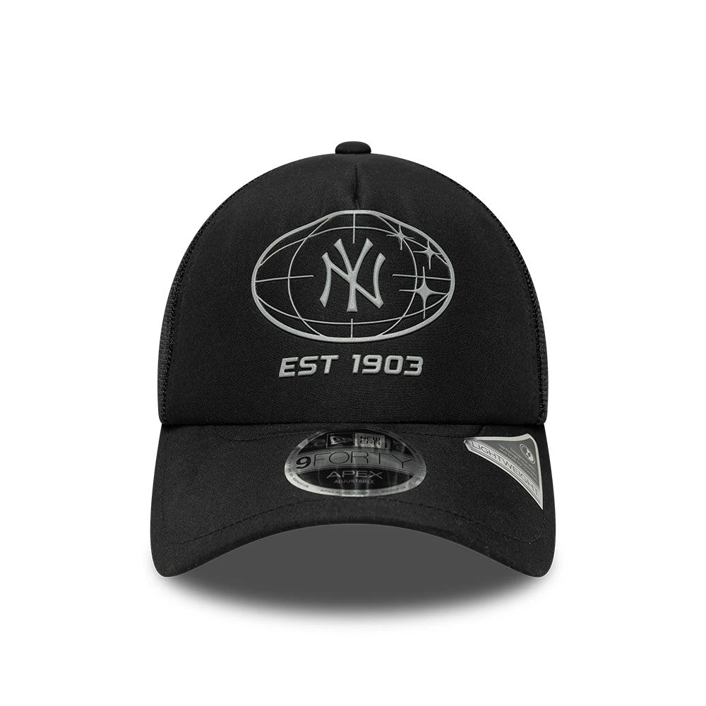 New York Yankees MLB Graphic Black New Era 9FORTY Apex Adjustable Cap, front view showing raised grey embroidered NY logo inside a globe design, EST 1903 lettering on the black crown, and a 9FORTY size sticker on the curved visor.