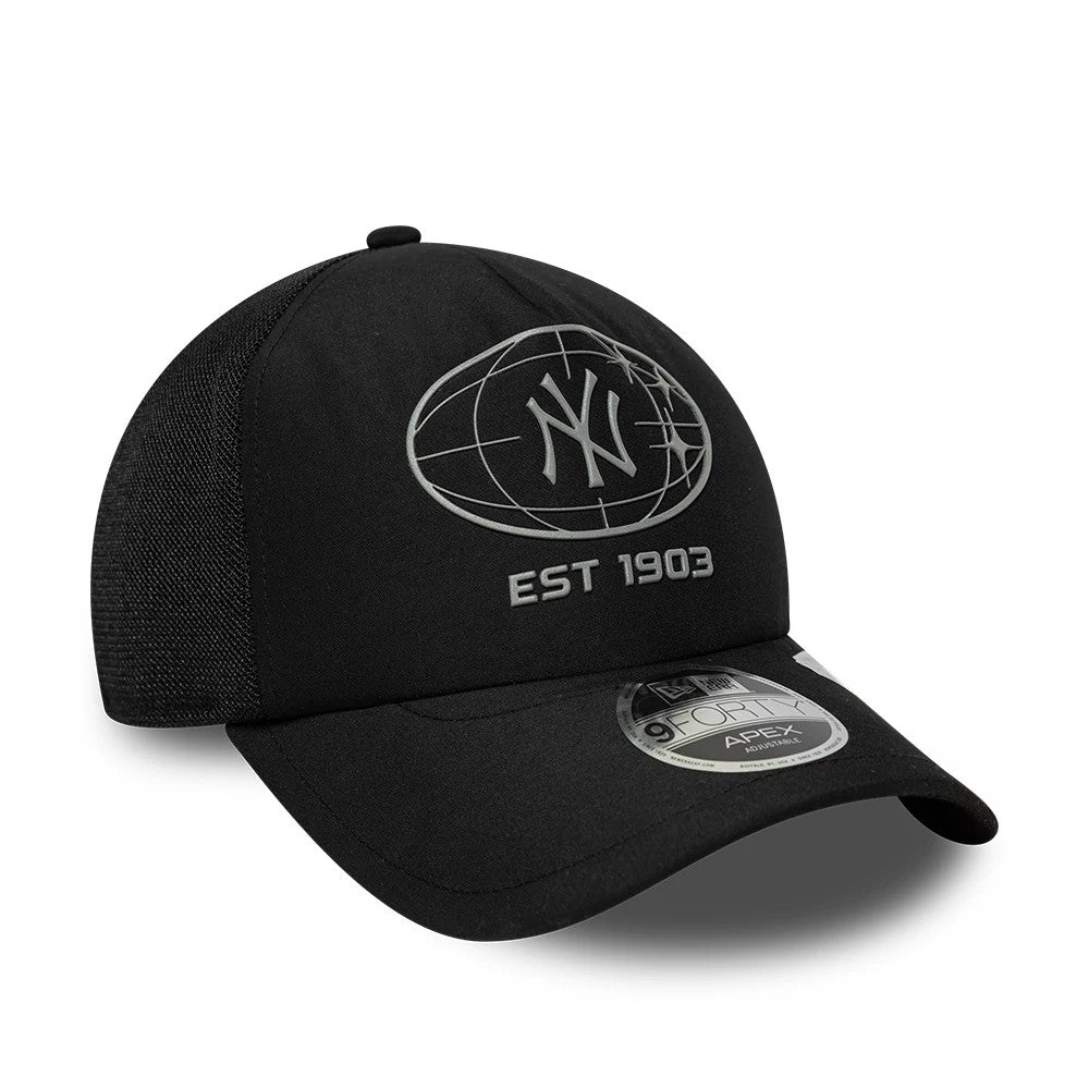 New York Yankees MLB Graphic Black New Era 9FORTY Apex Adjustable Cap, three-quarter view showing the embroidered grey globe design with NY logo and EST 1903 on the front panel, curved black visor, and 9FORTY size sticker.