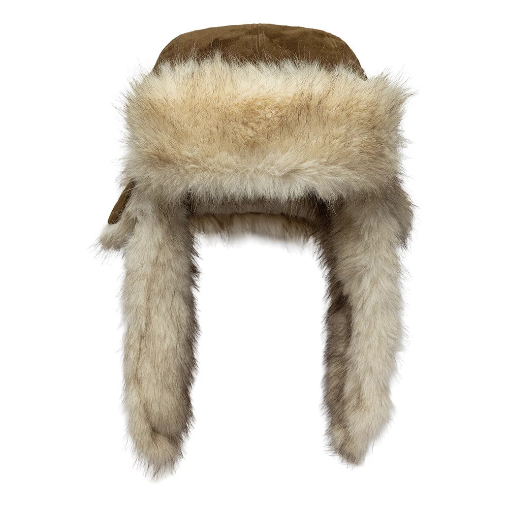New Era Suede Brown Trapper Hat, front view showing the soft brown suede crown, with plush beige faux fur trim along the front edge and two extended ear flaps adorned with matching faux fur for added warmth and style.