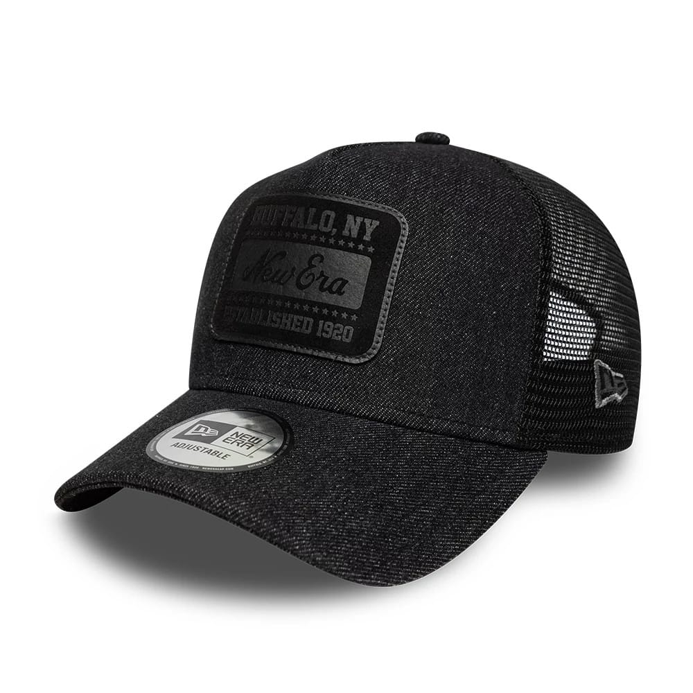 Pictured is this New Era Patch Denim 9FORTY A-Frame Trucker cap in black. 1