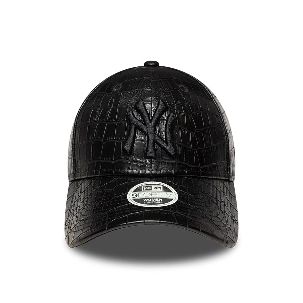 Pictured is this Womens MLB Pattern PU New York Yankees 9FORTY cap in black. 2