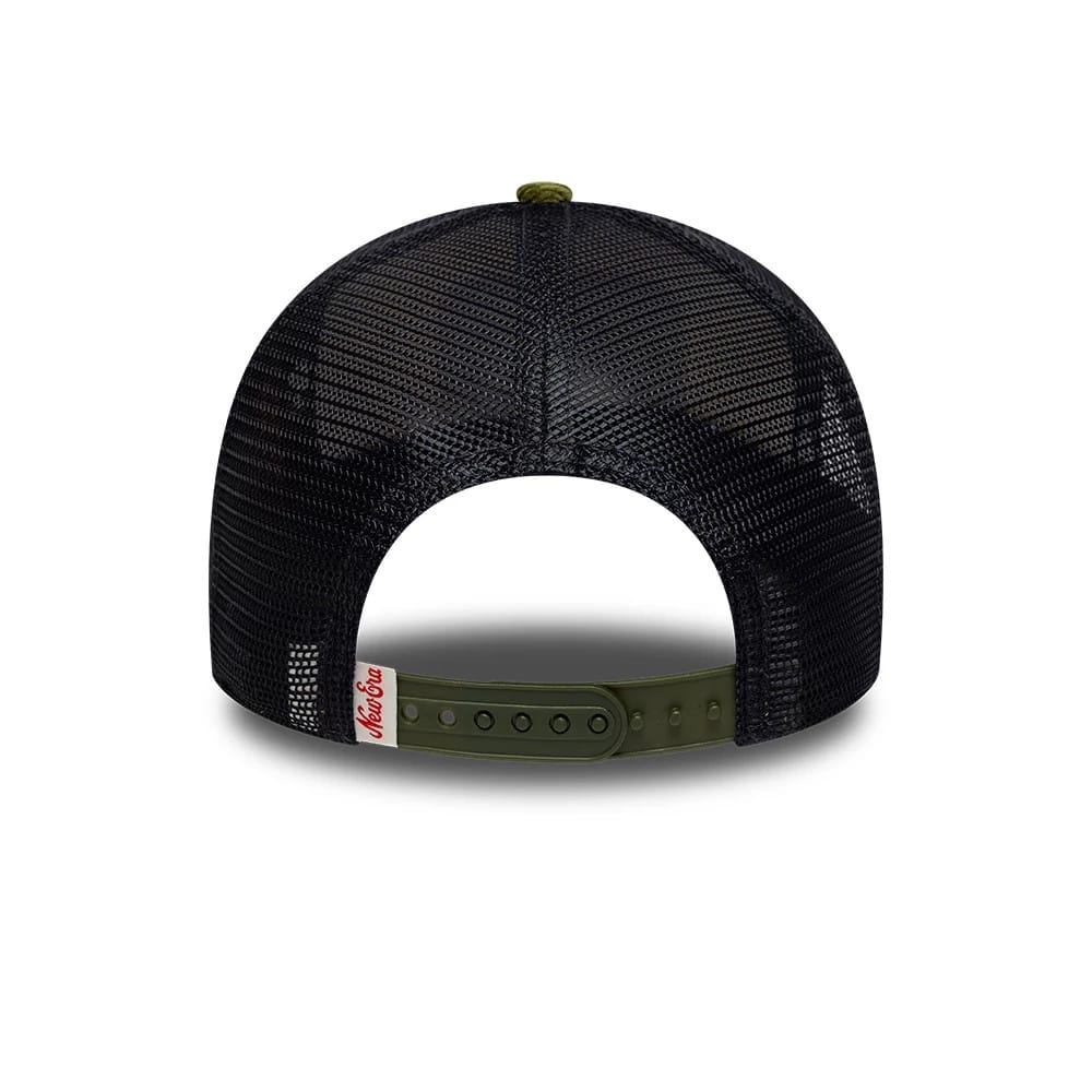 Pictured is this New Era Patch Cord 9FORTY A-Frame Trucker cap in cream & green. 4