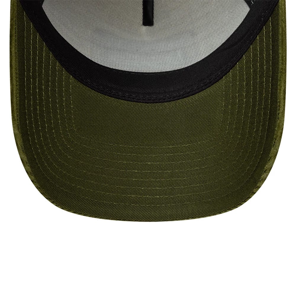 Pictured is this New Era Patch Cord 9FORTY A-Frame Trucker cap in cream & green. 5