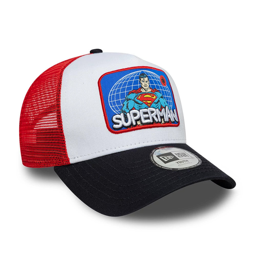 Pictured is this Youth DC Patch Superman 9FORTY A-Frame Trucker cap in white. 3
