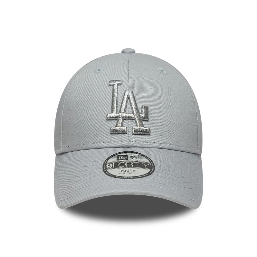 Pictured is this Youth MLB Metallic LA Dodgers 9FORTY cap in grey. 2