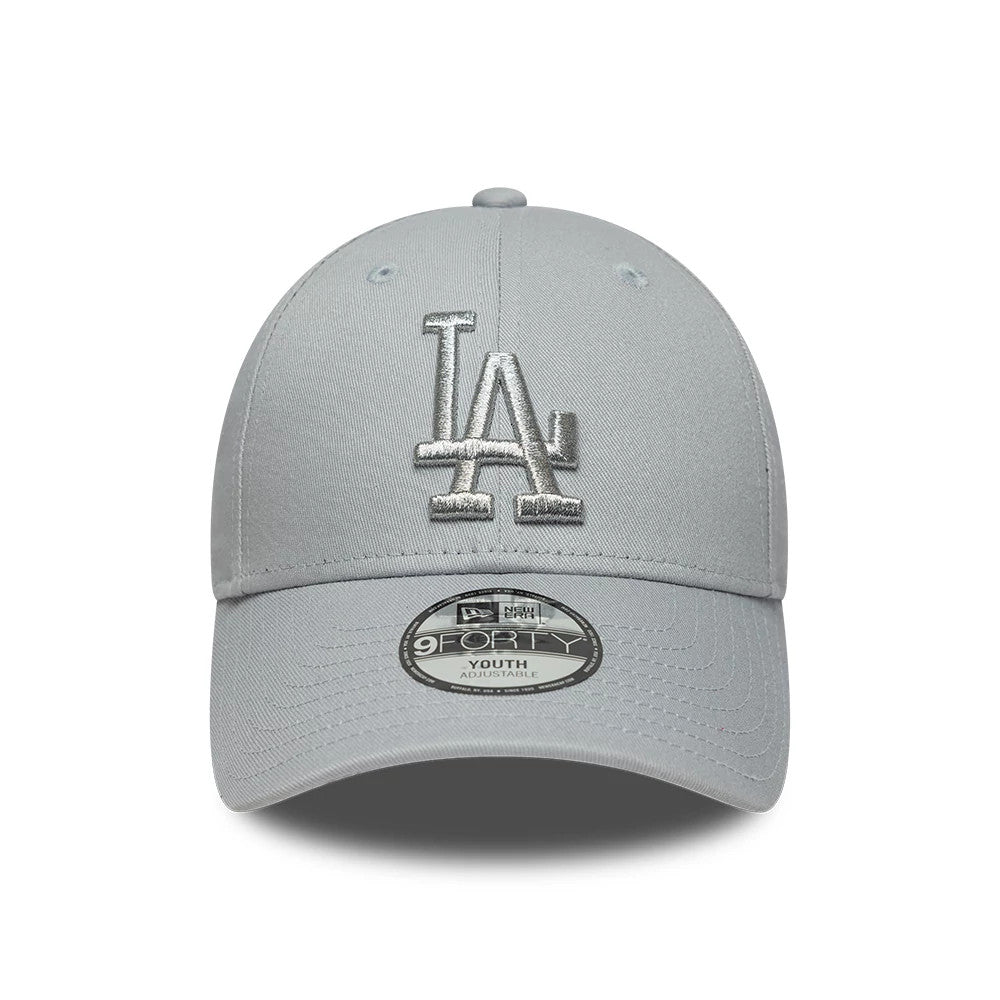 Pictured is this Youth MLB Metallic LA Dodgers 9FORTY cap in grey. 2