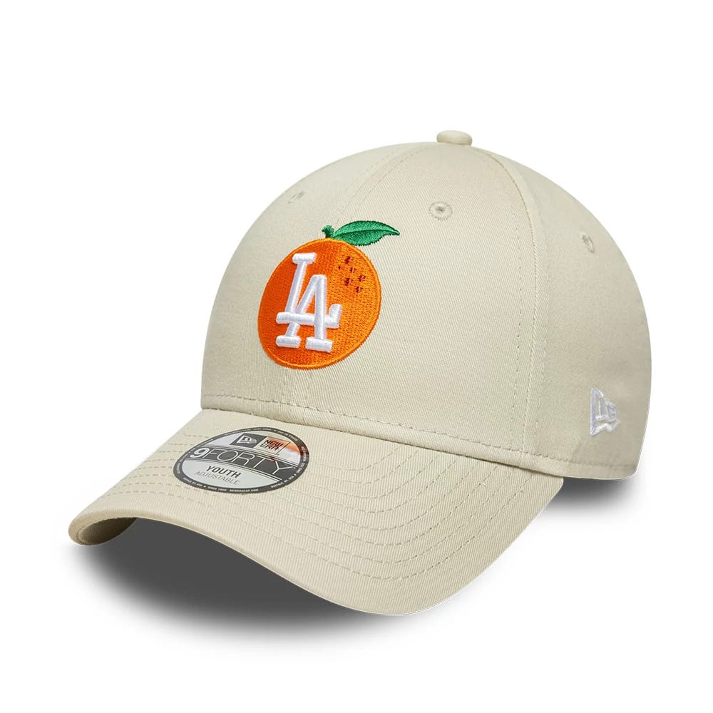 Pictured is this Youth MLB Fruit Icon LA Dodgers 9FORTY cap in cream. 1