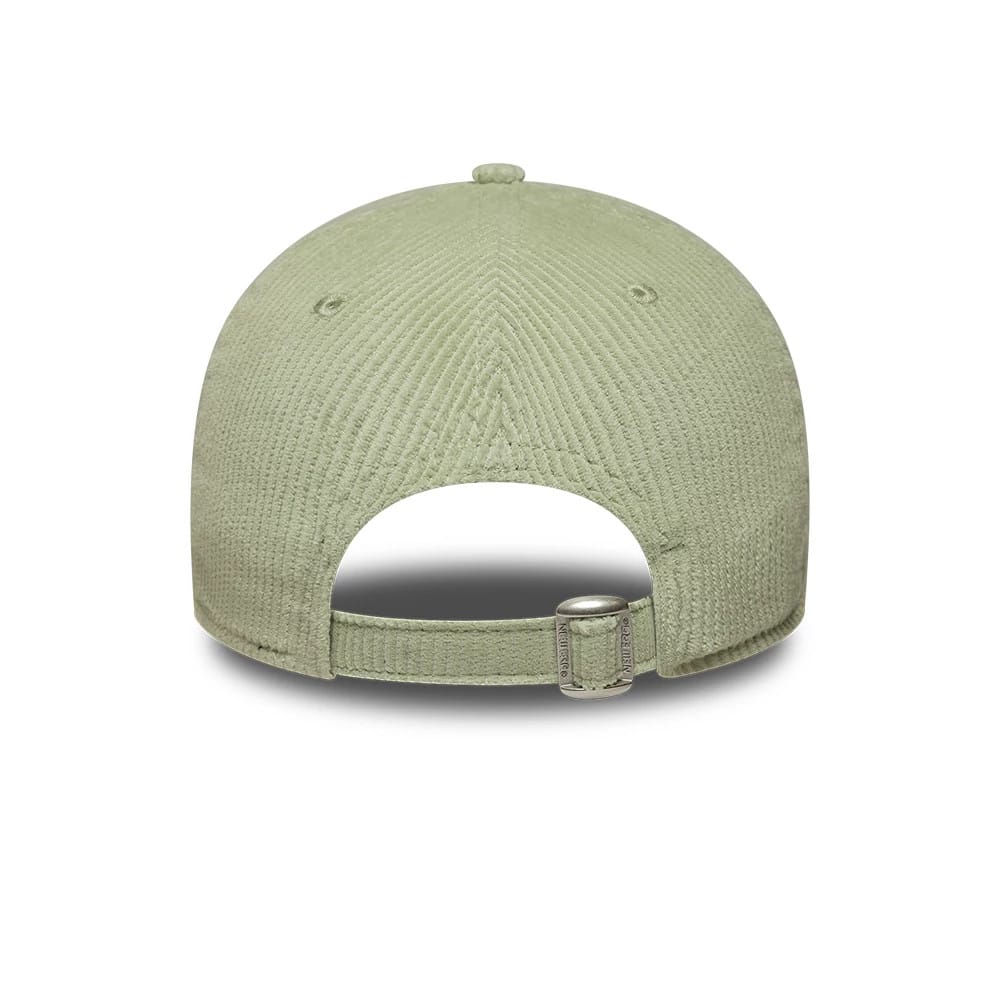 LA Dodgers Womens MLB Cord Pastel Green New Era 9FORTY Adjustable Cap, rear view showing the pastel green textured corduroy finish, fabric strap with buckle, and smoothly curved back panels.