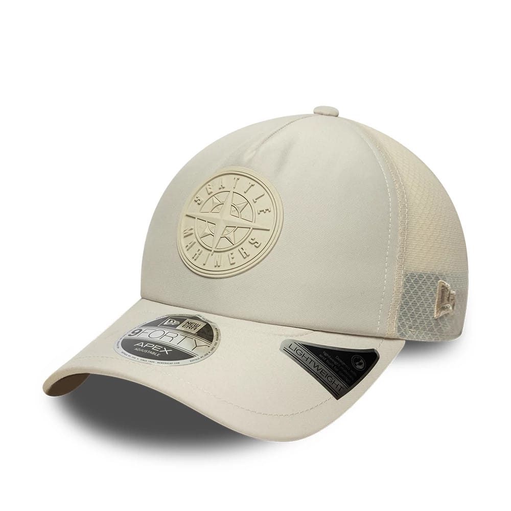 Pictured is this MLB Sporty Seattle Mariners 9FORTY Apex cap in cream. 1