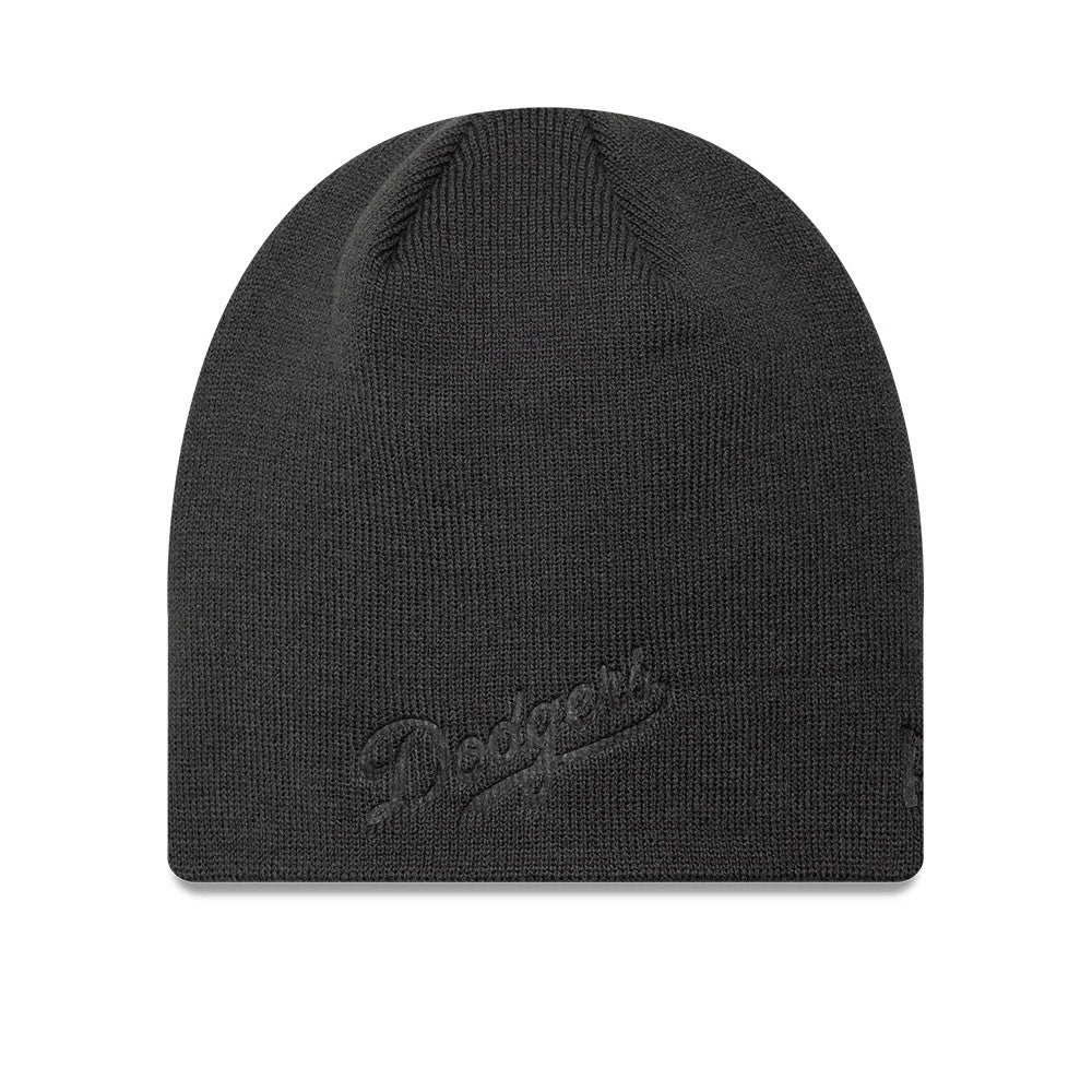 New Era LA Dodgers MLB Script Charcoal Skull Knit Beanie Hat, front view showing a embroidered Dodgers script logo in charcoal across the lower front, with a ribbed knit texture around the crown and a small New Era flag logo on the left side.