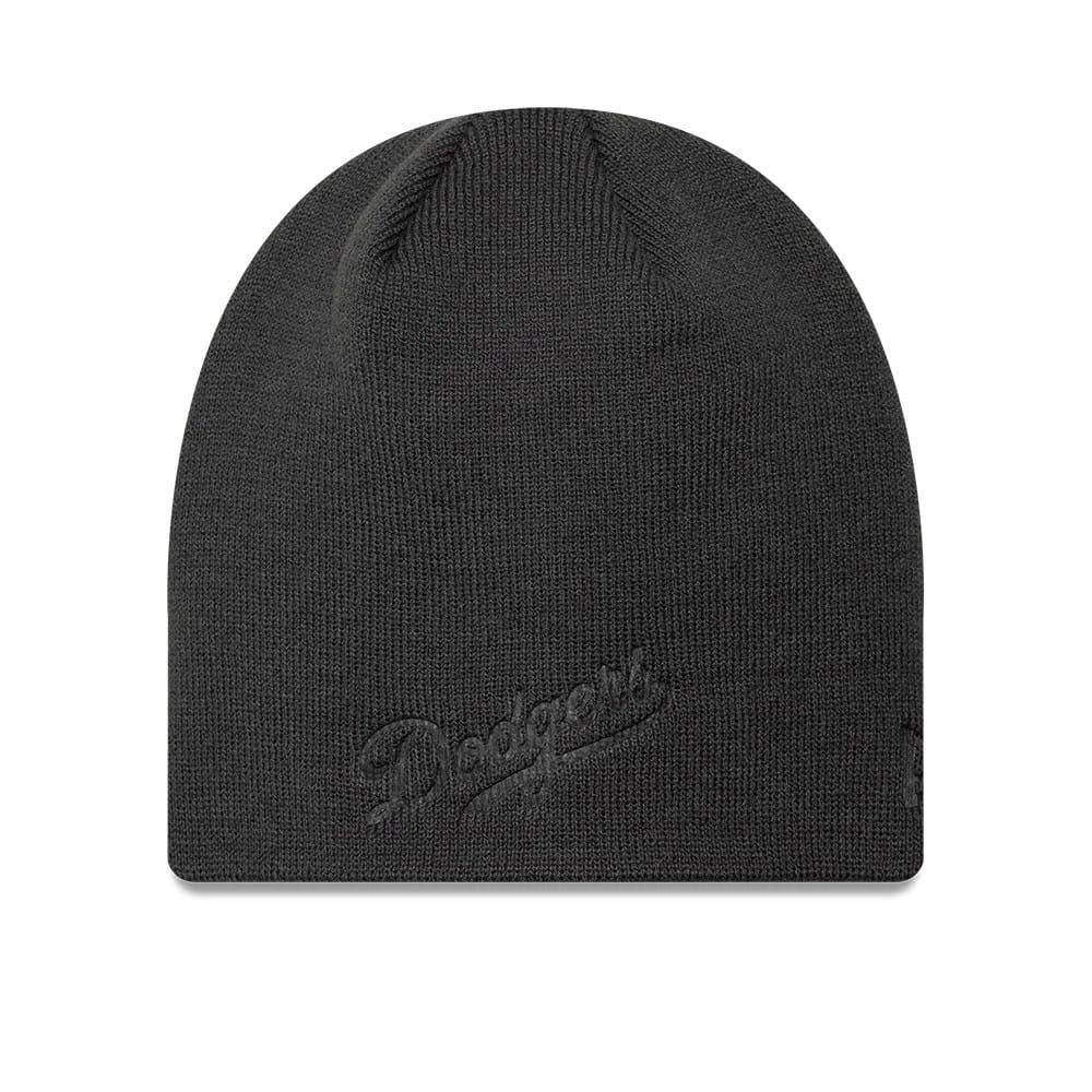 Pictured is this MLB Script LA Dodgers Skull Knit Beanie hat in charcoal. 1