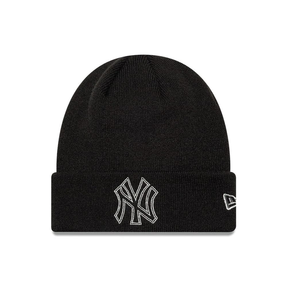 New Era New York Yankees MLB Metallic Outline Black Cuff Knit Beanie Hat, front view showing the raised embroidered outline Yankees logo on the front cuff, with the New Era flag logo embroidered on the left side of the black beanie.