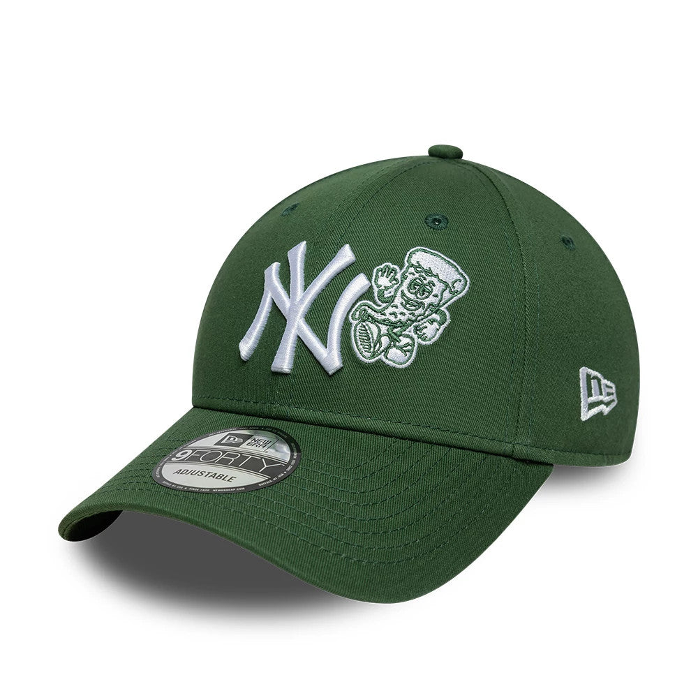 New York Yankees MLB Food Icon Dark Green New Era 9FORTY Adjustable Cap, three-quarter view showing the white raised embroidered NY logo and food character on the front panel, a curved visor with the 9FORTY size sticker.
