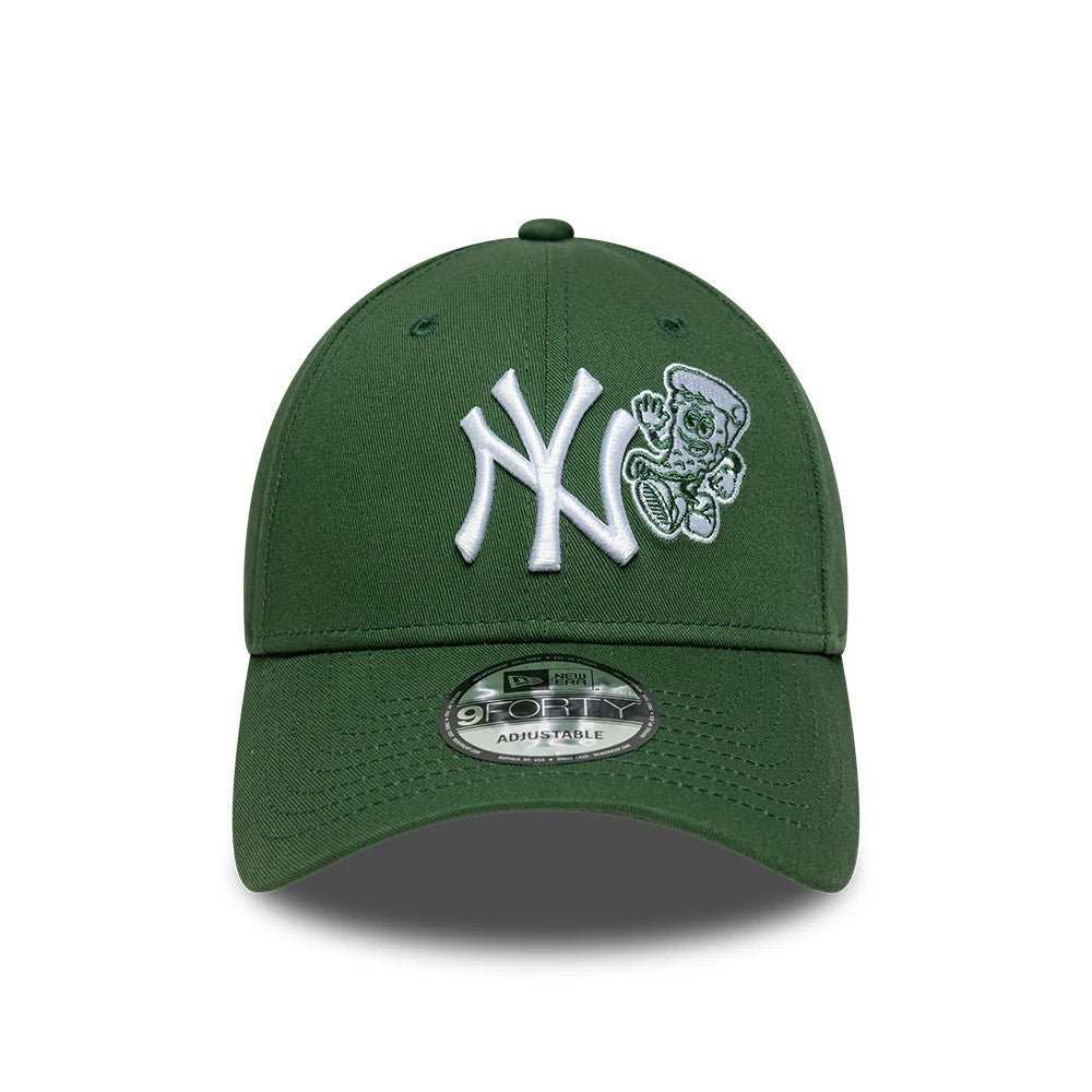 New York Yankees MLB Food Icon Dark Green New Era 9FORTY Adjustable Cap, front view showing a white raised embroidered NY logo on the front panel, an embroidered food-themed character on the right, and a 9FORTY size sticker on the curved visor.