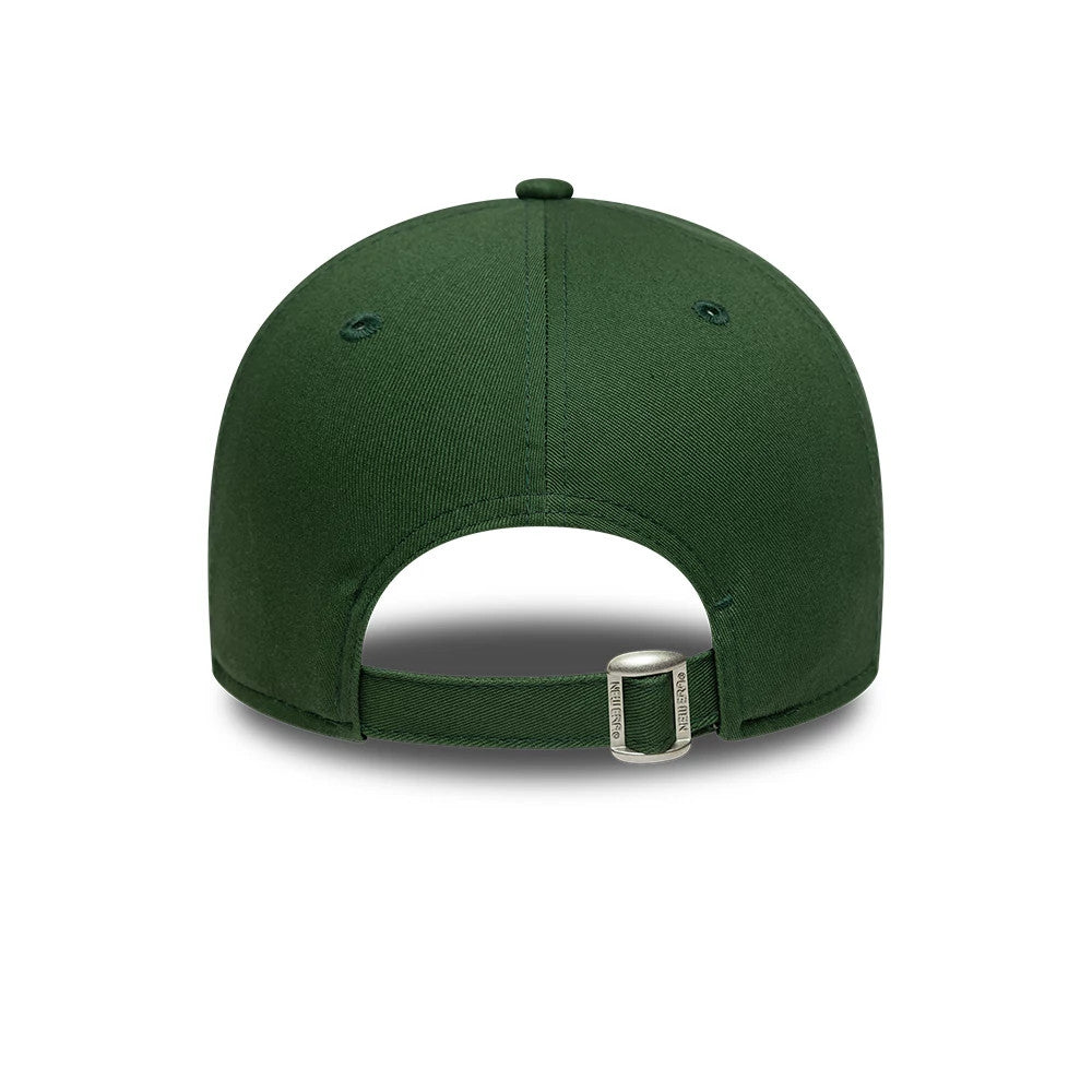 New York Yankees MLB Food Icon Dark Green New Era 9FORTY Adjustable Cap, rear view showing the green crown with matching fabric strap and a silver buckle, alongside embroidered eyelets and a button on top.