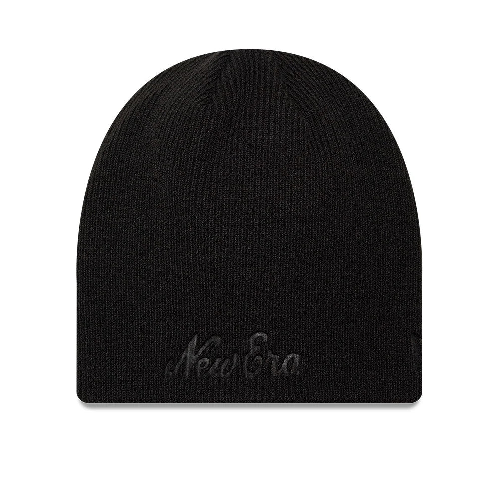 Pictured is this New Era Script Skull Knit Beanie hat in black. 1