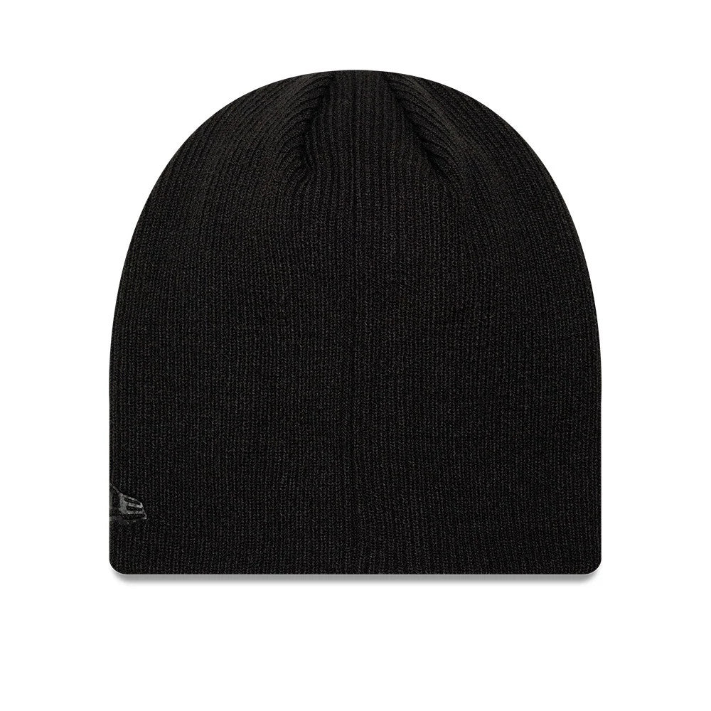 Pictured is this New Era Script Skull Knit Beanie hat in black. 2