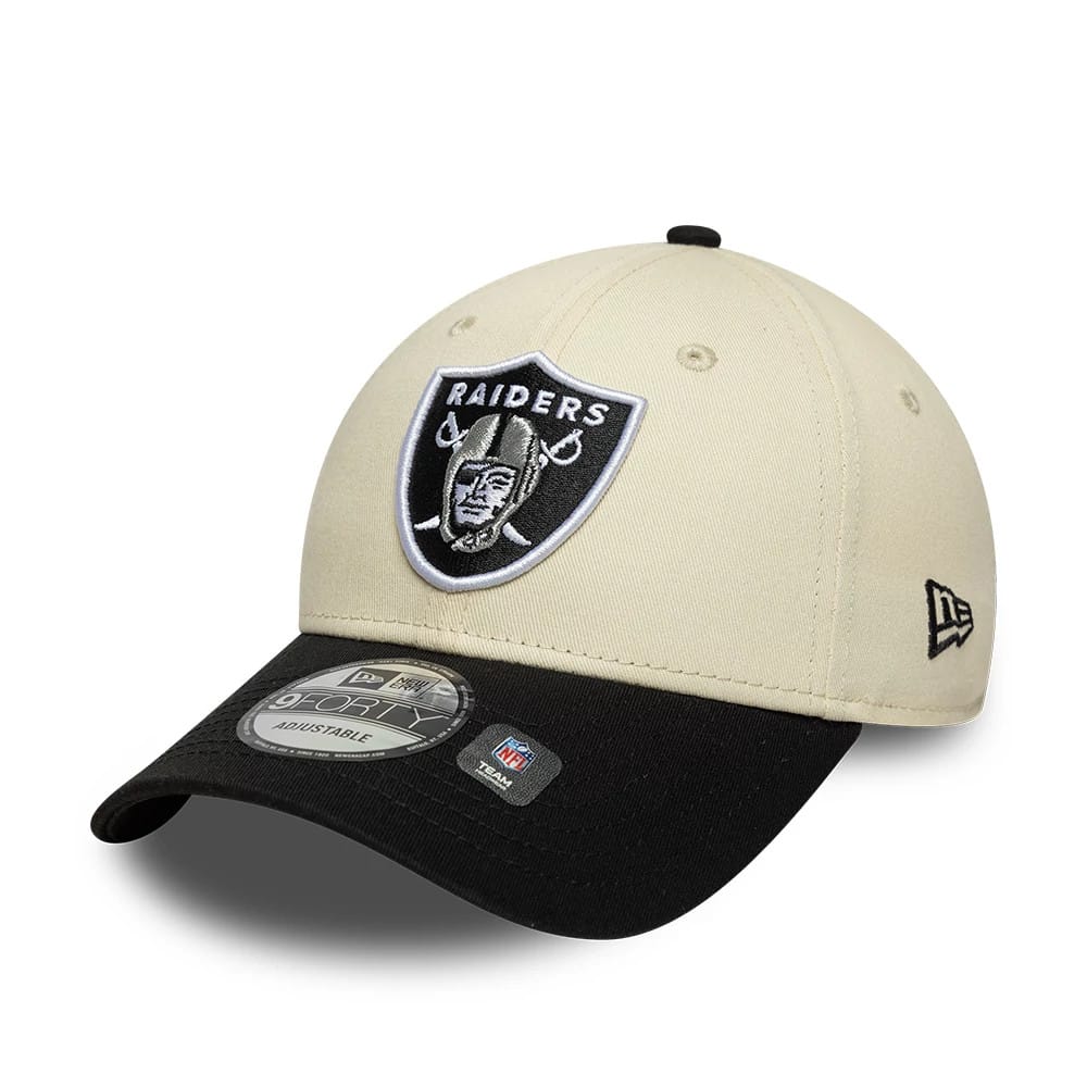 Pictured is this NFL Colourblock Las Vegas Raiders 9FORTY cap in cream & black. 1