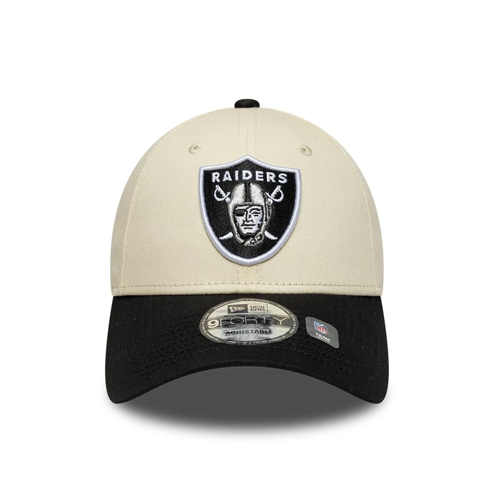 Pictured is this NFL Colourblock Las Vegas Raiders 9FORTY cap in cream & black. 2