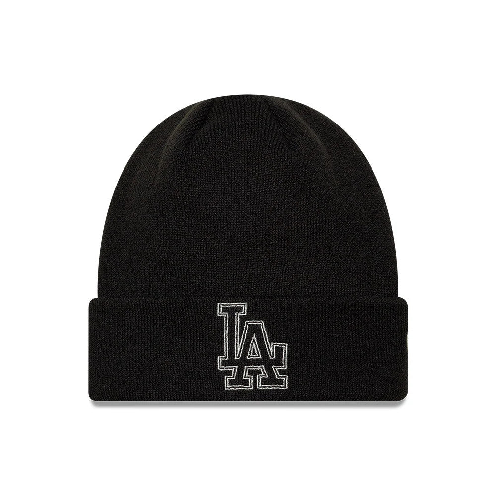 New Era LA Dodgers MLB Metallic Outline Black Cuff Knit Beanie Hat, front view showing the white-outlined LA logo embroidered on the cuff, with a and structured black knit crown above the fold-over cuff.