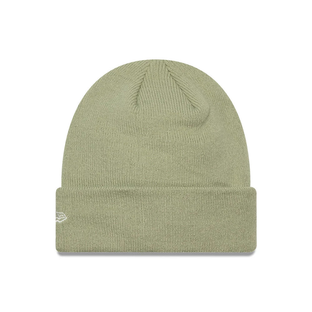 New Era LA Dodgers Youth MLB League Essential Pastel Green Cuff Knit Beanie Hat, front view showing the soft pastel green ribbed texture, a folded cuff with the embroidered New Era flag logo on the left side, and a rounded crown.