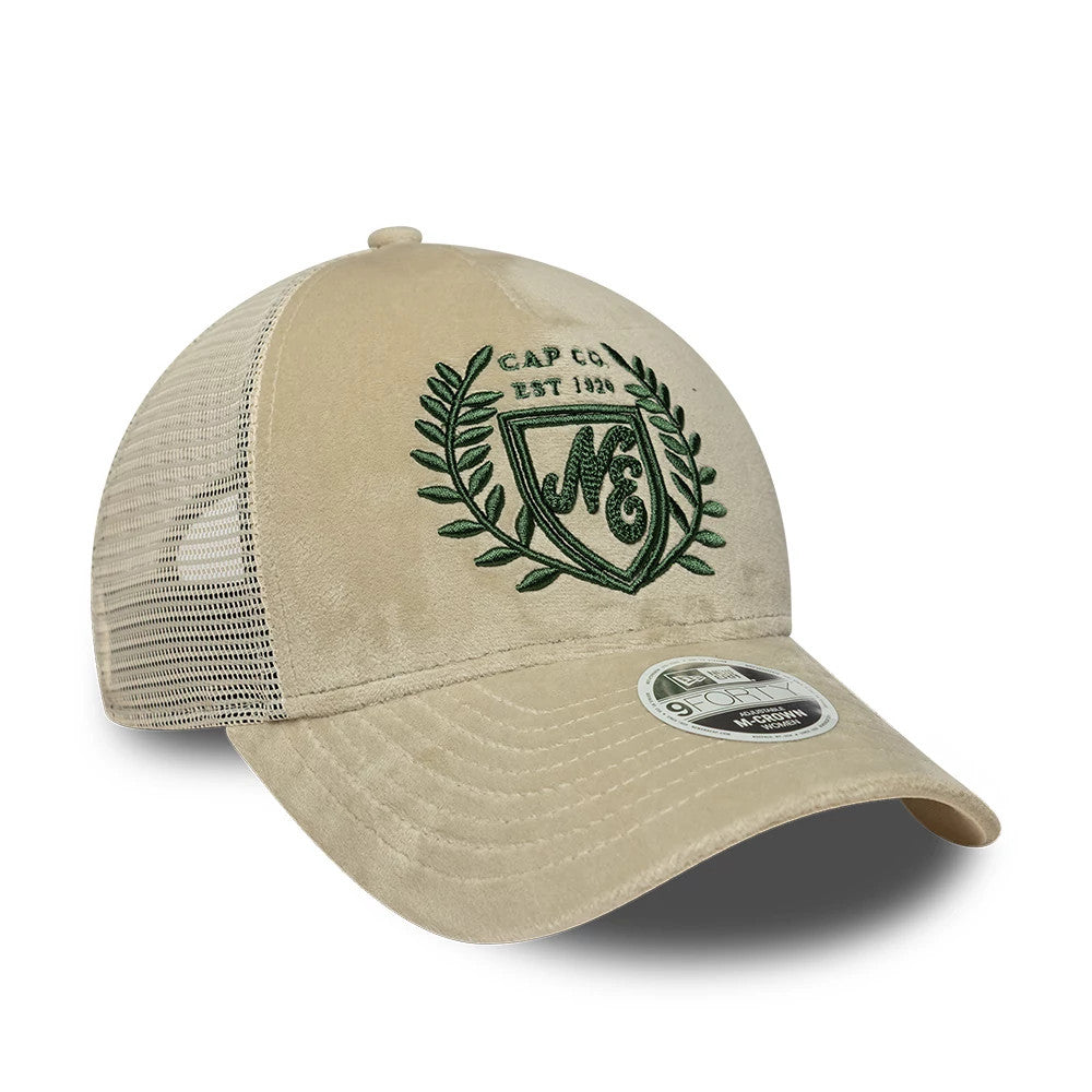 Pictured is this Womens New Era Velour 9FORTY M-Crown A-Frame Trucker cap in cream. 3