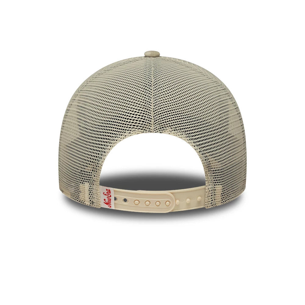 Pictured is this Womens New Era Velour 9FORTY M-Crown A-Frame Trucker cap in cream. 4