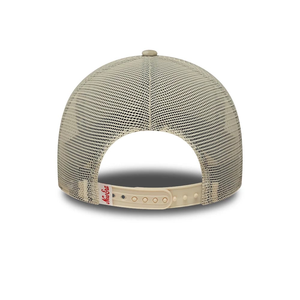 Pictured is this Womens New Era Velour 9FORTY M-Crown A-Frame Trucker cap in cream. 4