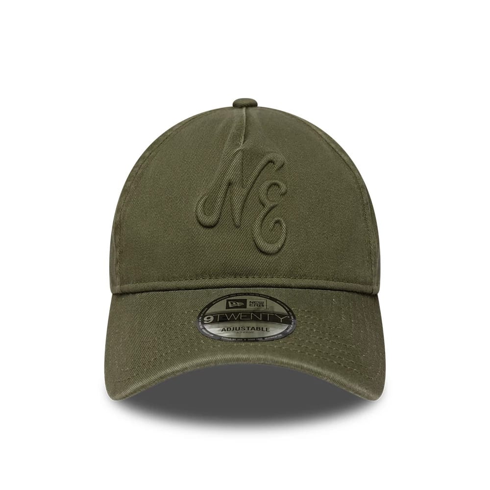 New Era Embossed Green 9TWENTY A-Frame Adjustable Cap, front view showing the embossed NE logo on the centre of the structured green crown, a matching green curved visor and a 9TWENTY size sticker on the visor.