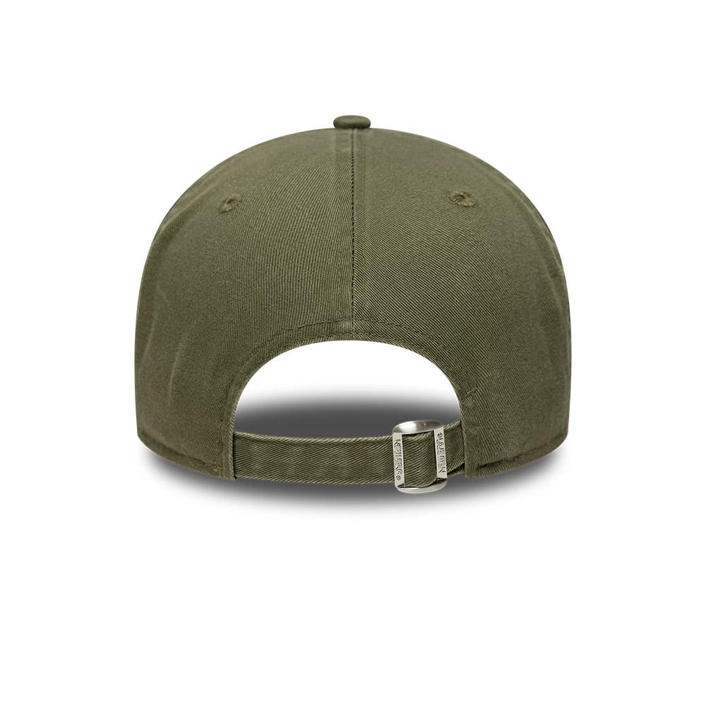 New Era Embossed Green 9TWENTY A-Frame Adjustable Cap, rear view showing a green fabric strap with a buckle for adjusting the fit, embroidered green eyelets on the back panels and a rounded top button matching the green crown.