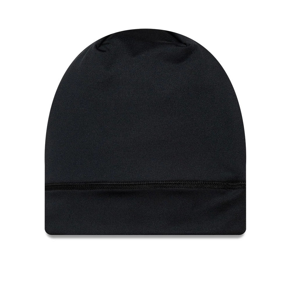 New Era Sport Black Skull Knit Beanie Hat, front view showing a and simple design with a black finish, featuring a seam detail running horizontally near the base for understated styling.