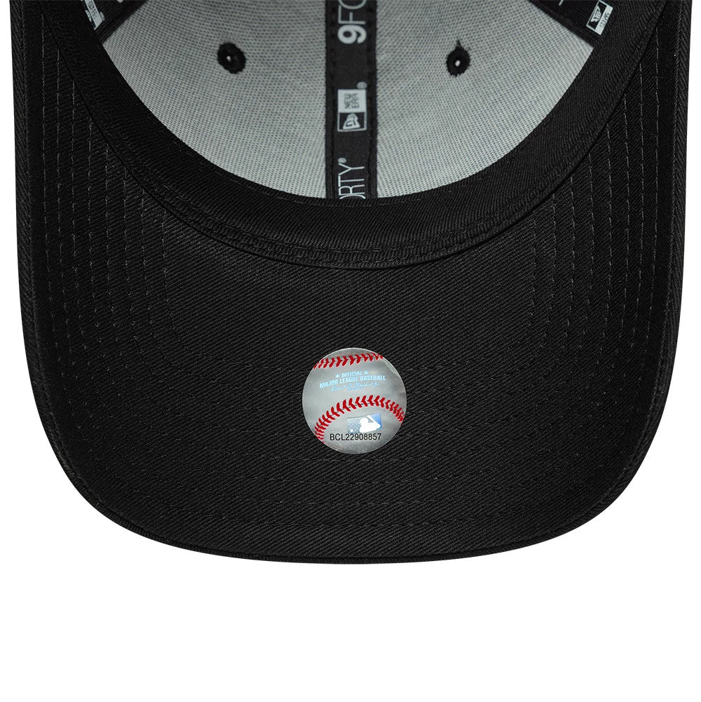 Detroit Tigers MLB League Essential Black New Era 9FORTY Adjustable Cap, inside view showing the grey sweatband, black and white 9FORTY taping, and a baseball-themed holographic sticker on the black visor.