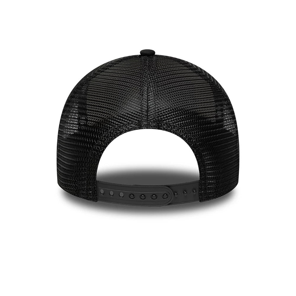New Era Licence Plate Black 9FORTY A-Frame Trucker Adjustable Cap, rear view showing the open mesh design on the crown, adjustable black snapback closure with multiple holes for size adjustments.