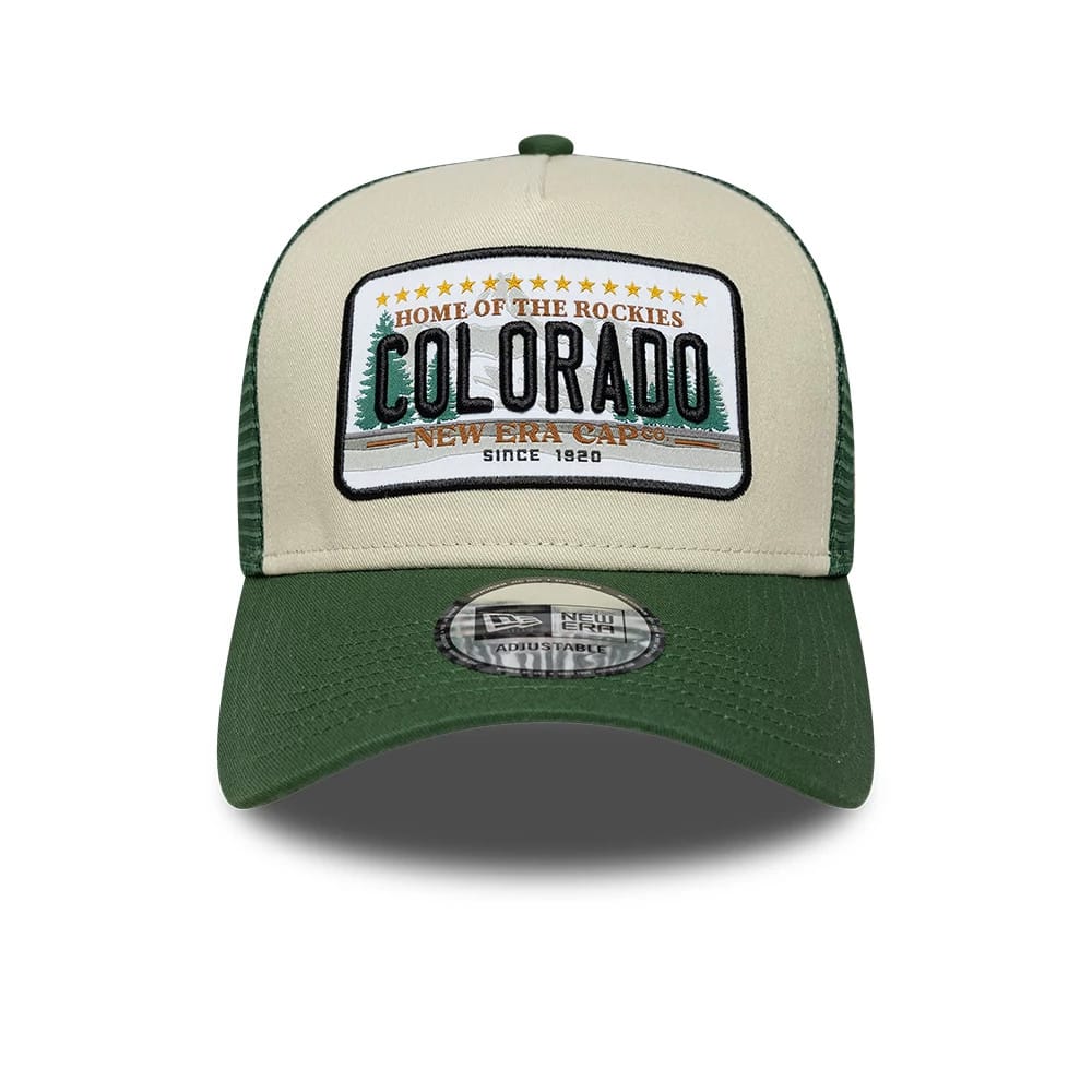 Pictured is this New Era Colorado Licence Plate 9FORTY A-Frame Trucker cap in dark green. 2