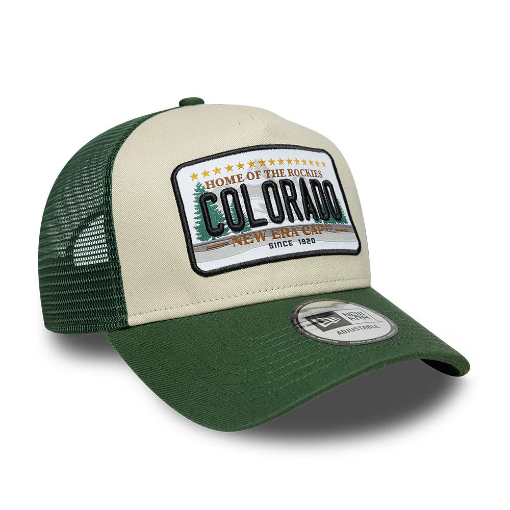 Pictured is this New Era Colorado Licence Plate 9FORTY A-Frame Trucker cap in dark green. 3