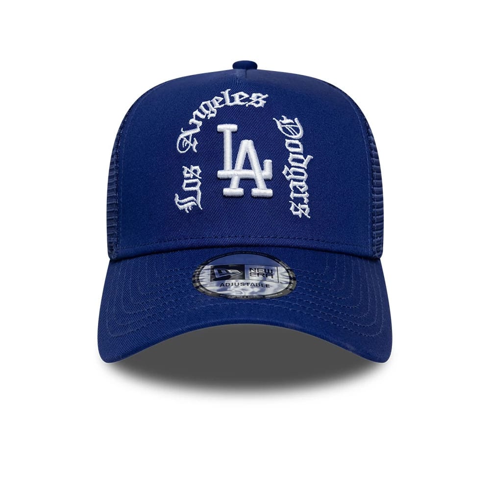 Pictured is this MLB Script LA Dodgers 9FORTY A-Frame Trucker cap in dark blue. 2