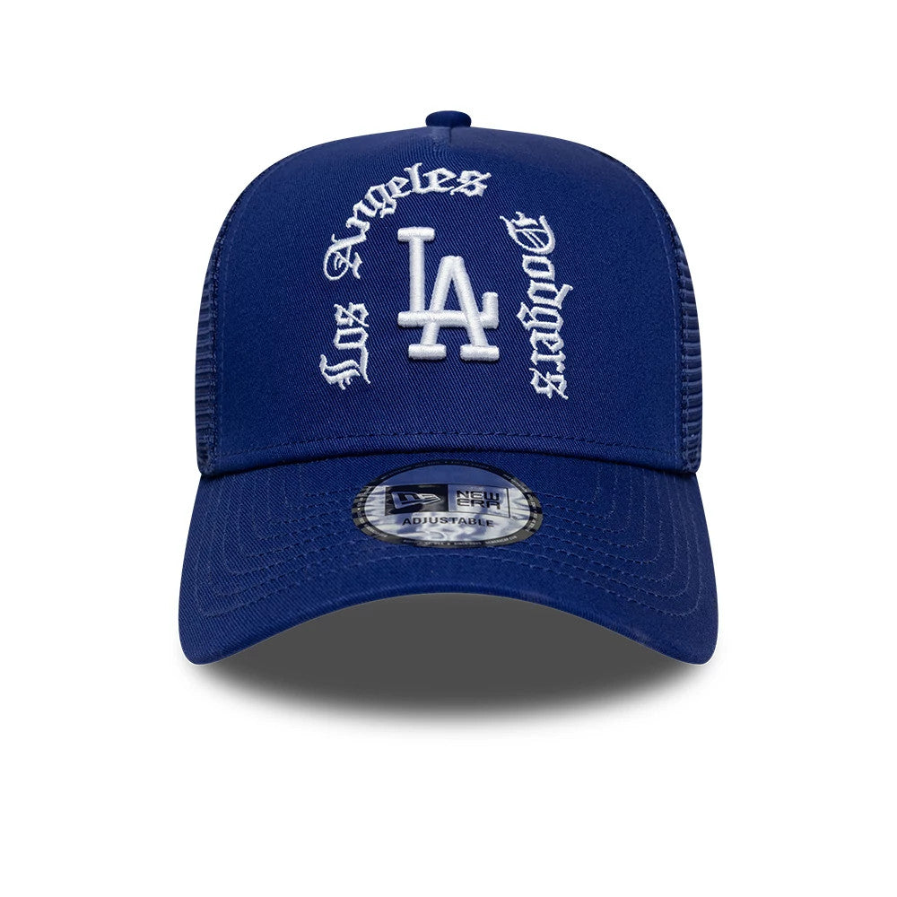 Pictured is this MLB Script LA Dodgers 9FORTY A-Frame Trucker cap in dark blue. 2