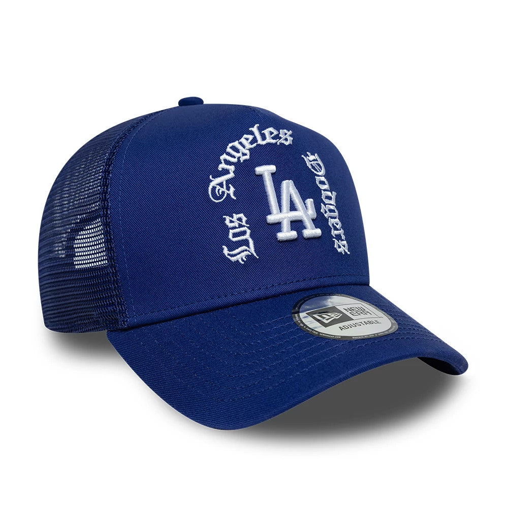 Pictured is this MLB Script LA Dodgers 9FORTY A-Frame Trucker cap in dark blue. 3