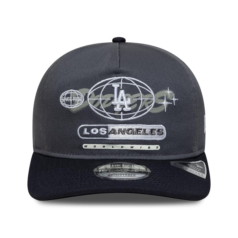 LA Dodgers MLB Graphic Grey & Black New Era 19TWENTY Adjustable Cap, front view showing the intricate grey embroidered LA logo inside a globe design on the grey crown, with a black visor and 19TWENTY size sticker.