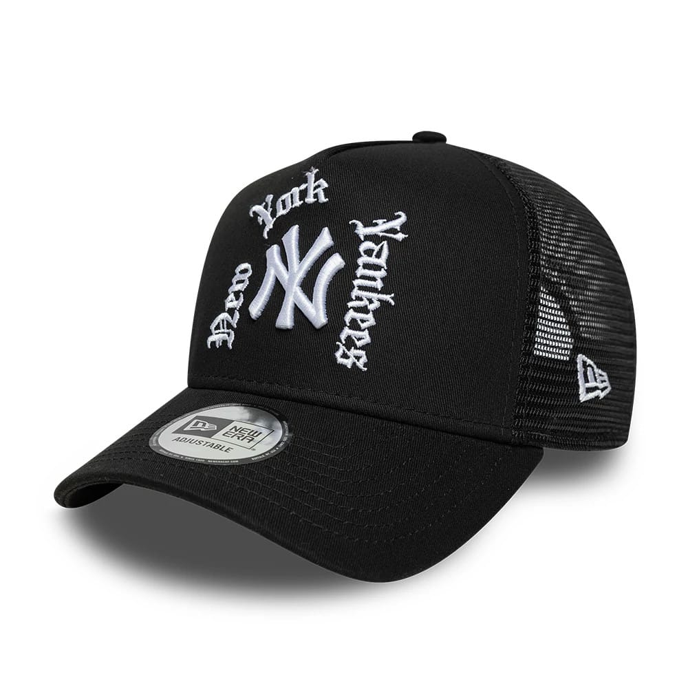 Pictured is this MLB Script New York Yankees 9FORTY A-Frame Trucker cap in black. 1