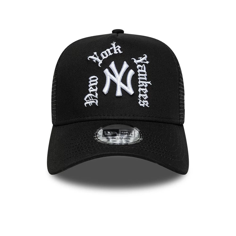 Pictured is this MLB Script New York Yankees 9FORTY A-Frame Trucker cap in black. 2