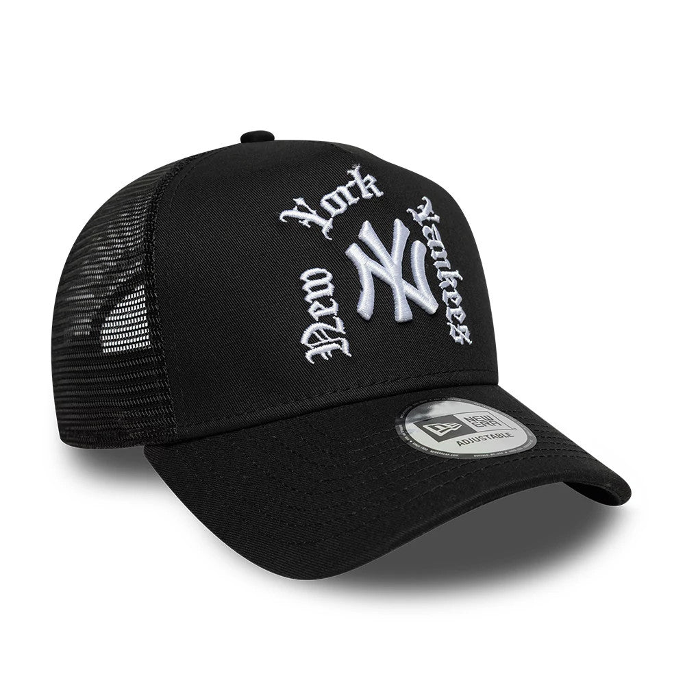 Pictured is this MLB Script New York Yankees 9FORTY A-Frame Trucker cap in black. 3