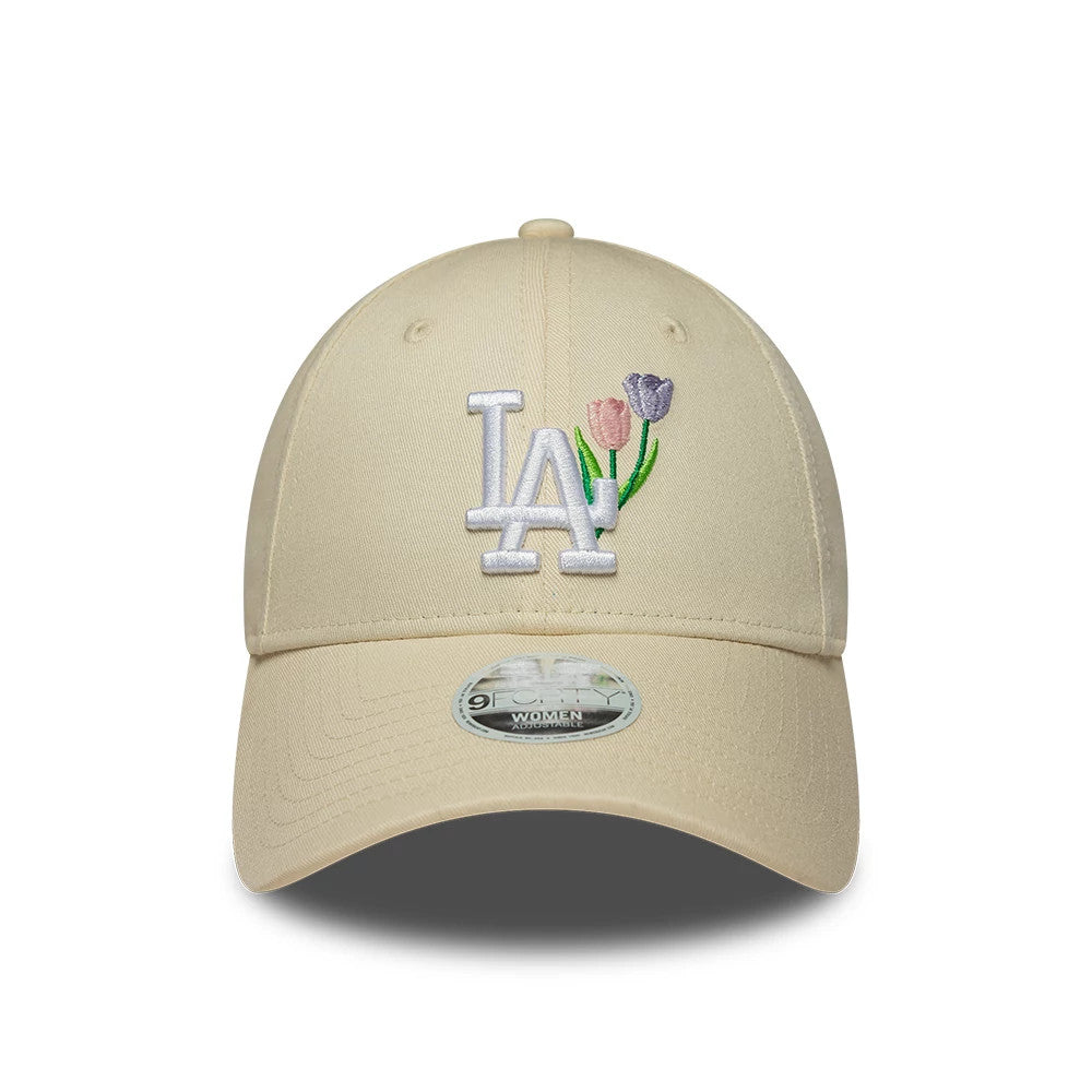 LA Dodgers Womens MLB Flower Icon Cream New Era 9FORTY Adjustable Cap, front view showing the white raised embroidered LA logo with lavender and pink flowers on the front panel, curved cream visor and 9FORTY size sticker on the visor.