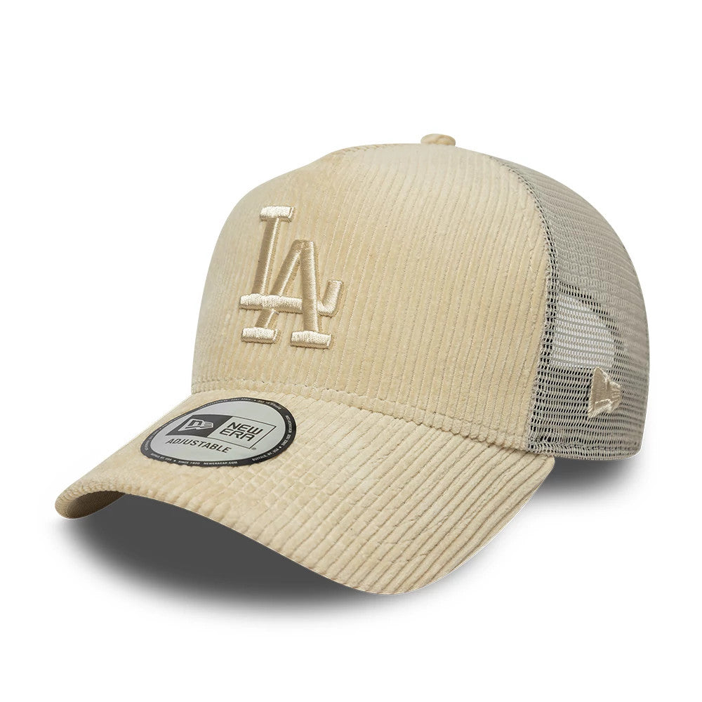 Pictured is this MLB Cord LA Dodgers 9FORTY A-Frame Trucker cap in cream. 1