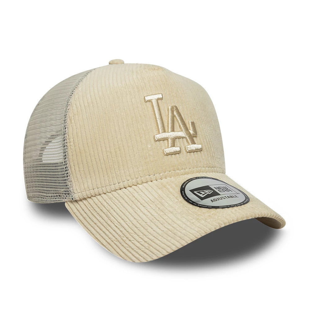 Pictured is this MLB Cord LA Dodgers 9FORTY A-Frame Trucker cap in cream. 3
