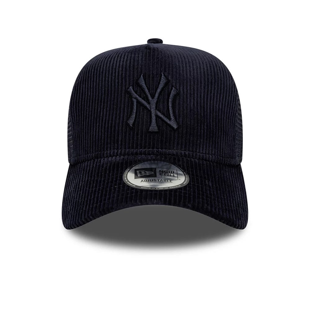 Pictured is this MLB Cord New York Yankees 9FORTY A-Frame Trucker cap in navy. 2