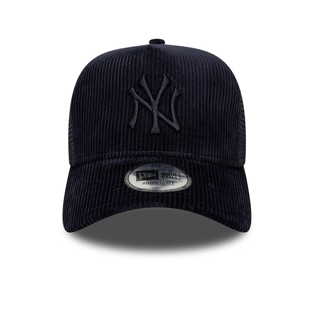 Pictured is this MLB Cord New York Yankees 9FORTY A-Frame Trucker cap in navy. 2