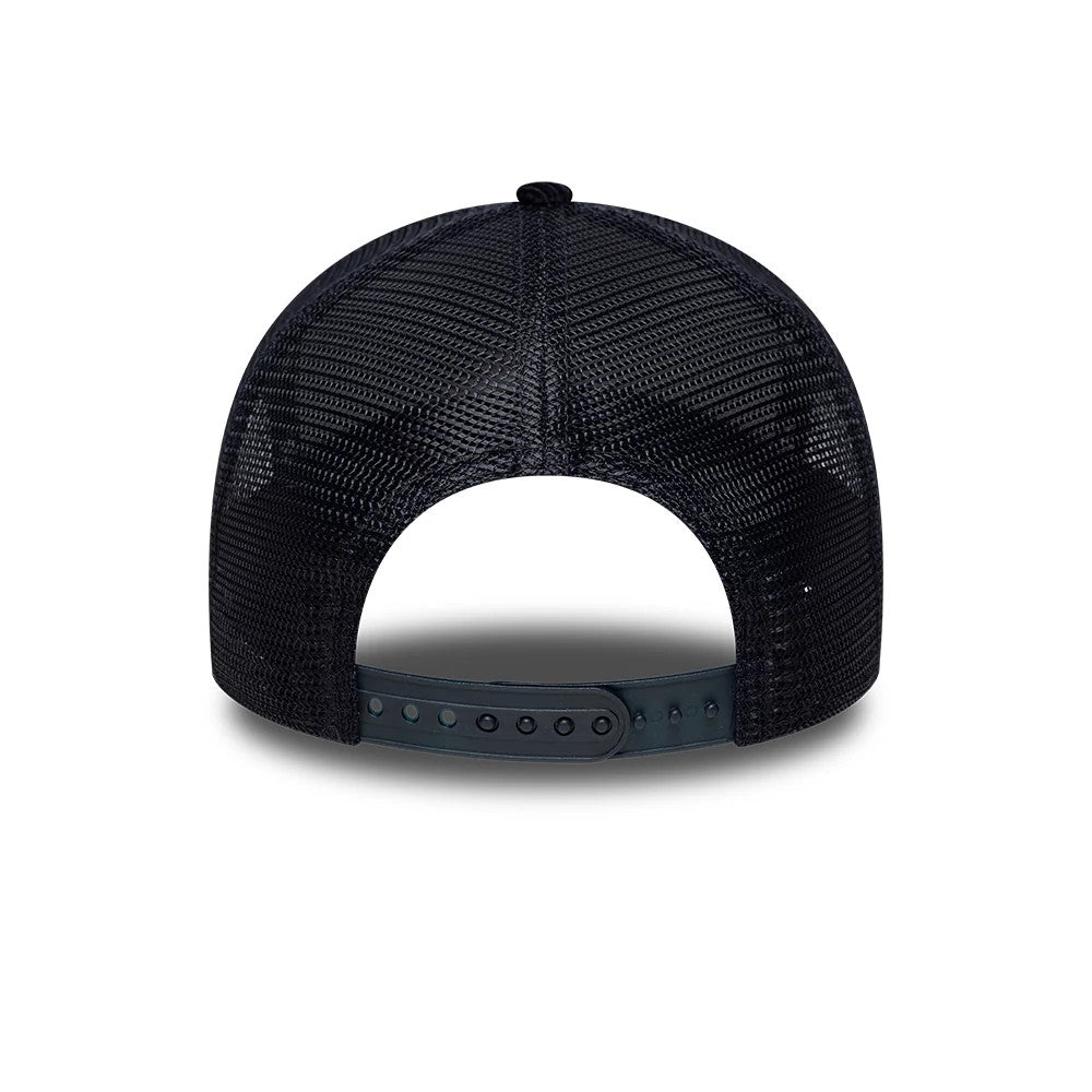 New York Yankees MLB Cord Navy New Era 9FORTY A-Frame Trucker Adjustable Cap, rear view showing the black mesh back panels, an adjustable navy snapback closure, and the absence of a centre back logo or embroidery on the structured crown.